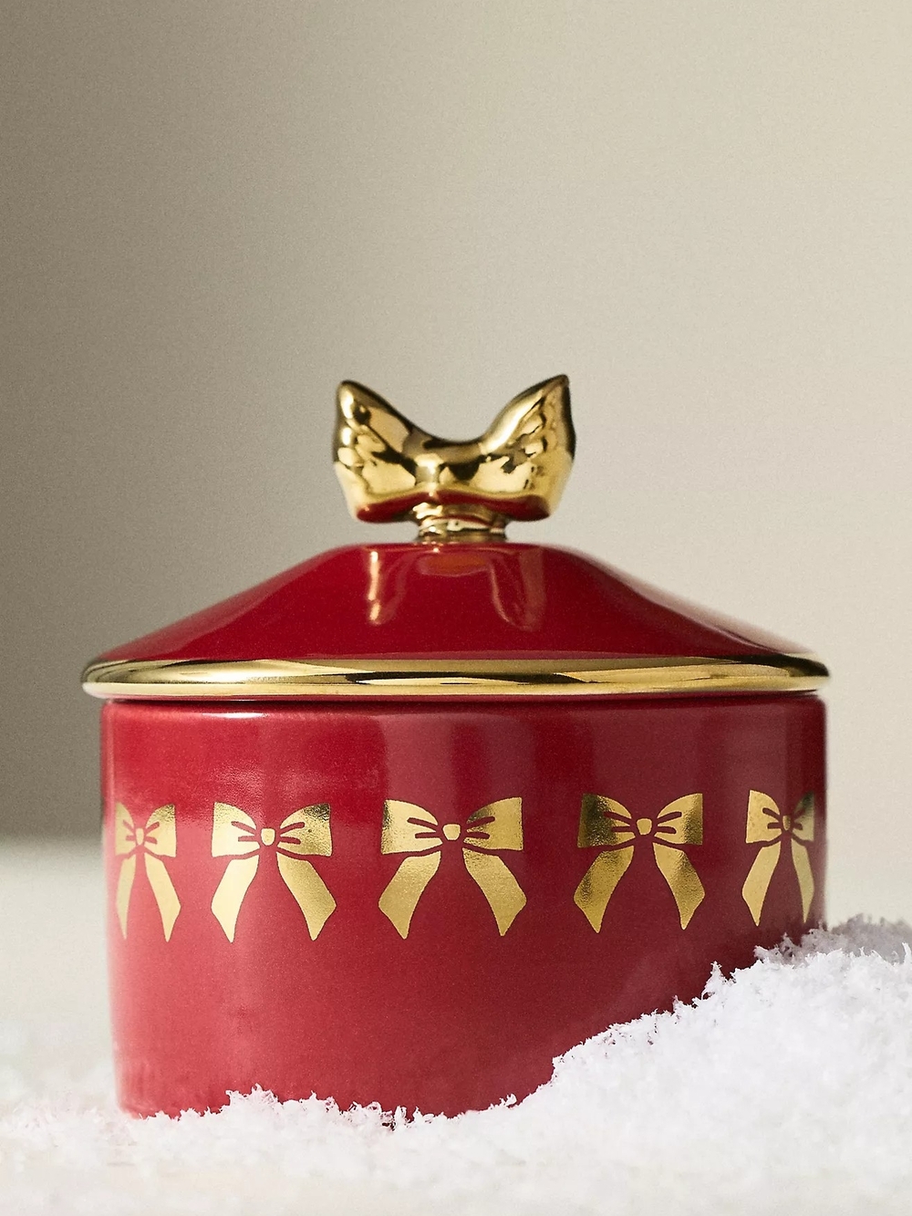 NIB Anthro Red Ceramic Trinket Box with Gold Bow Accents